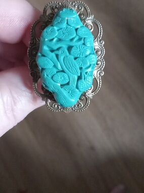 Jan Michaels Of San Francisco Faux Turquoise Carved Bird Cameo Lace Bronze Ring